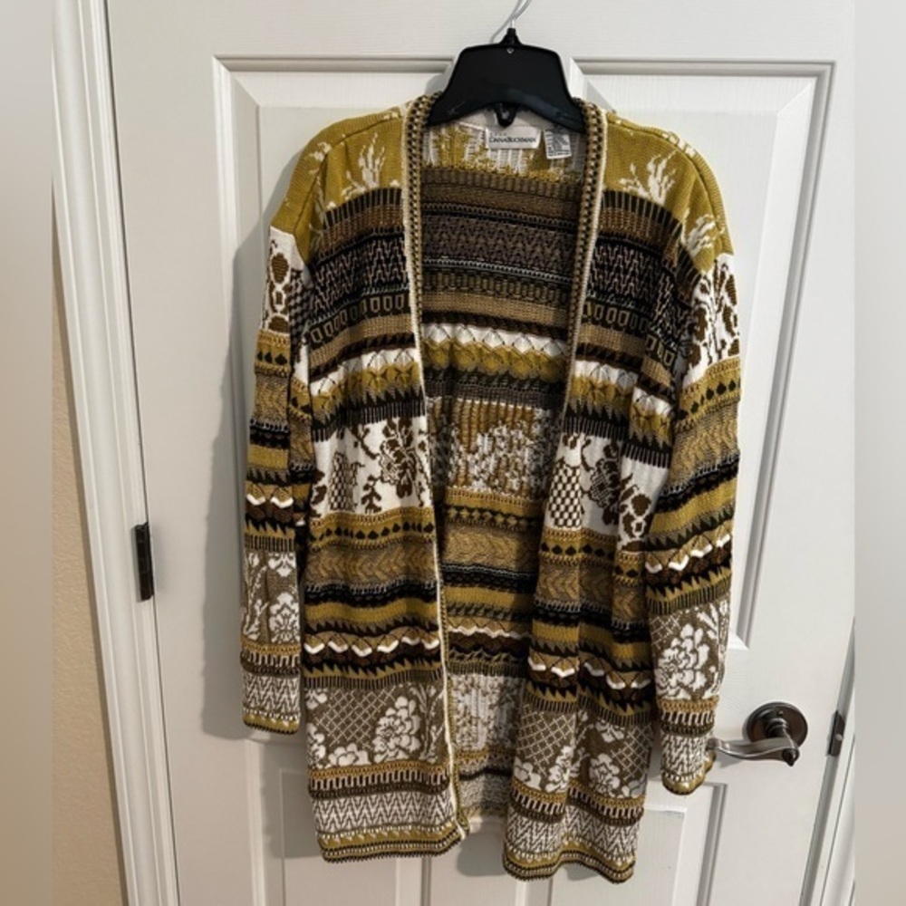Dana Buchman Vintage Gold Brown Glam Long Button Up Cardigan Size M